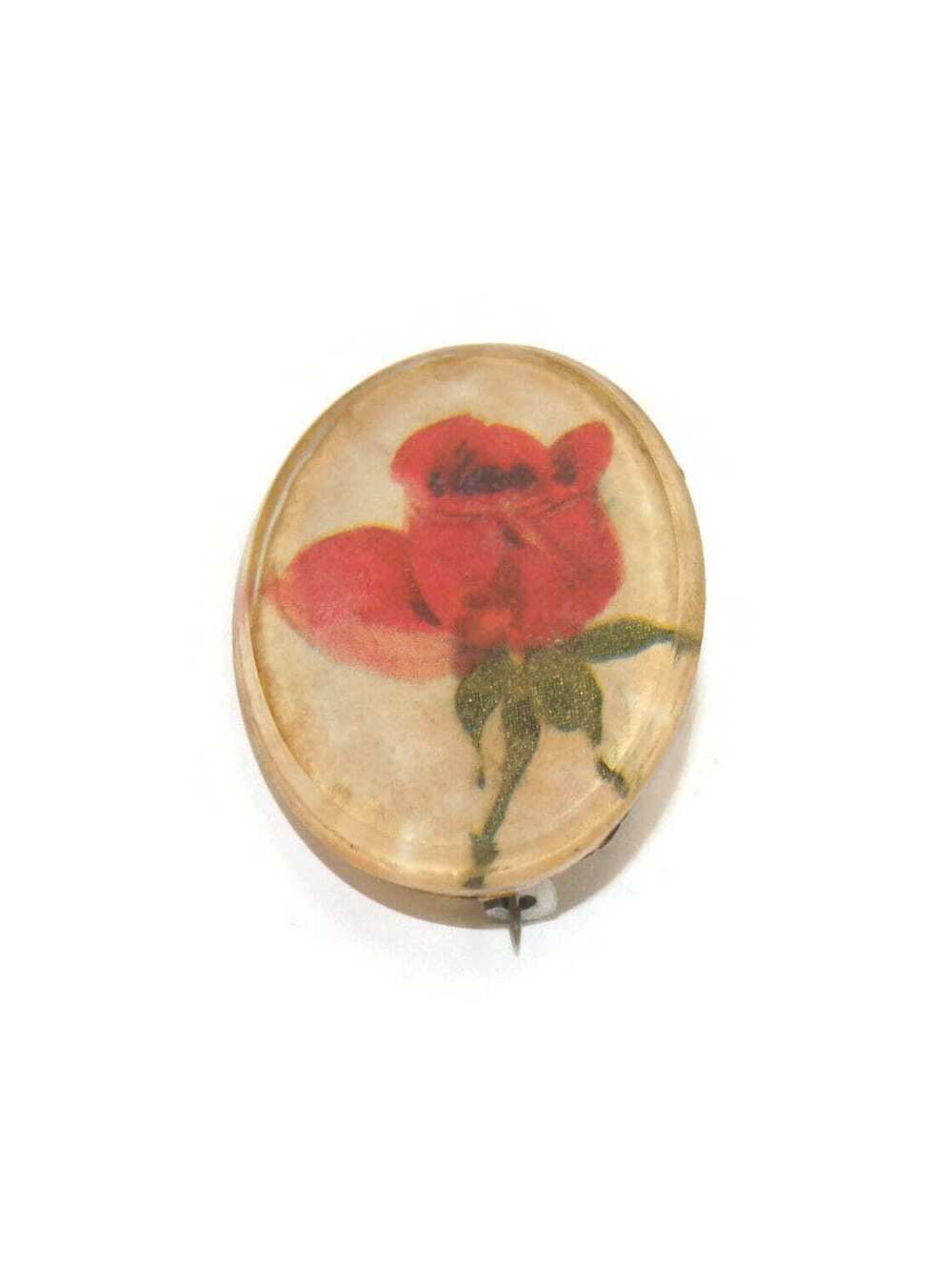 Vintage Red Rose in Clear Resin Oval Brooch.